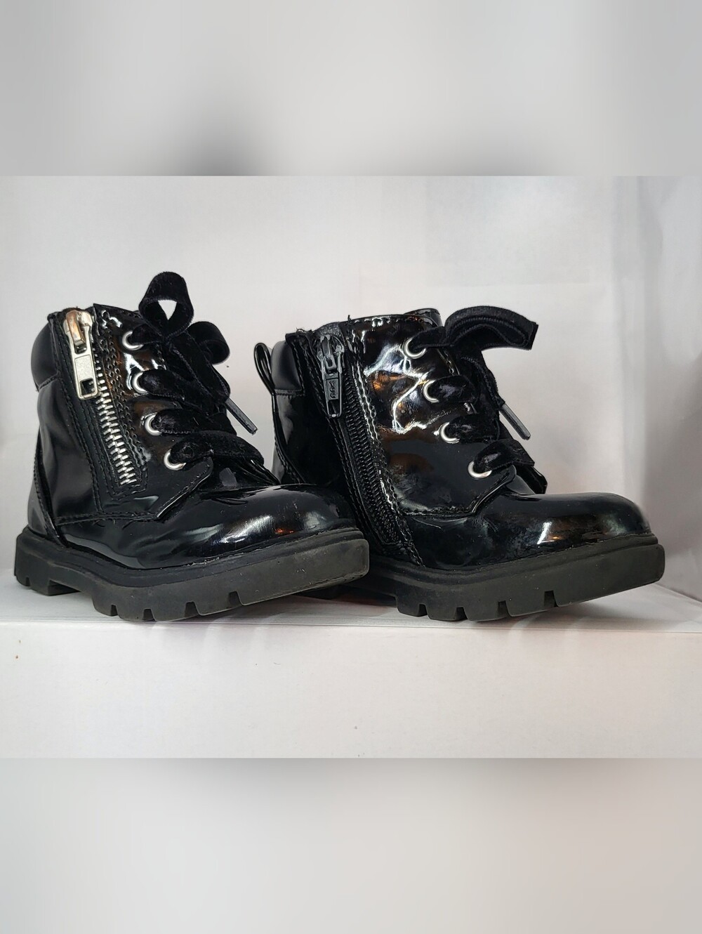Wonder Nation Toddler Girls Black Patent Combat Boots Velvet Laces Zip- Size 6